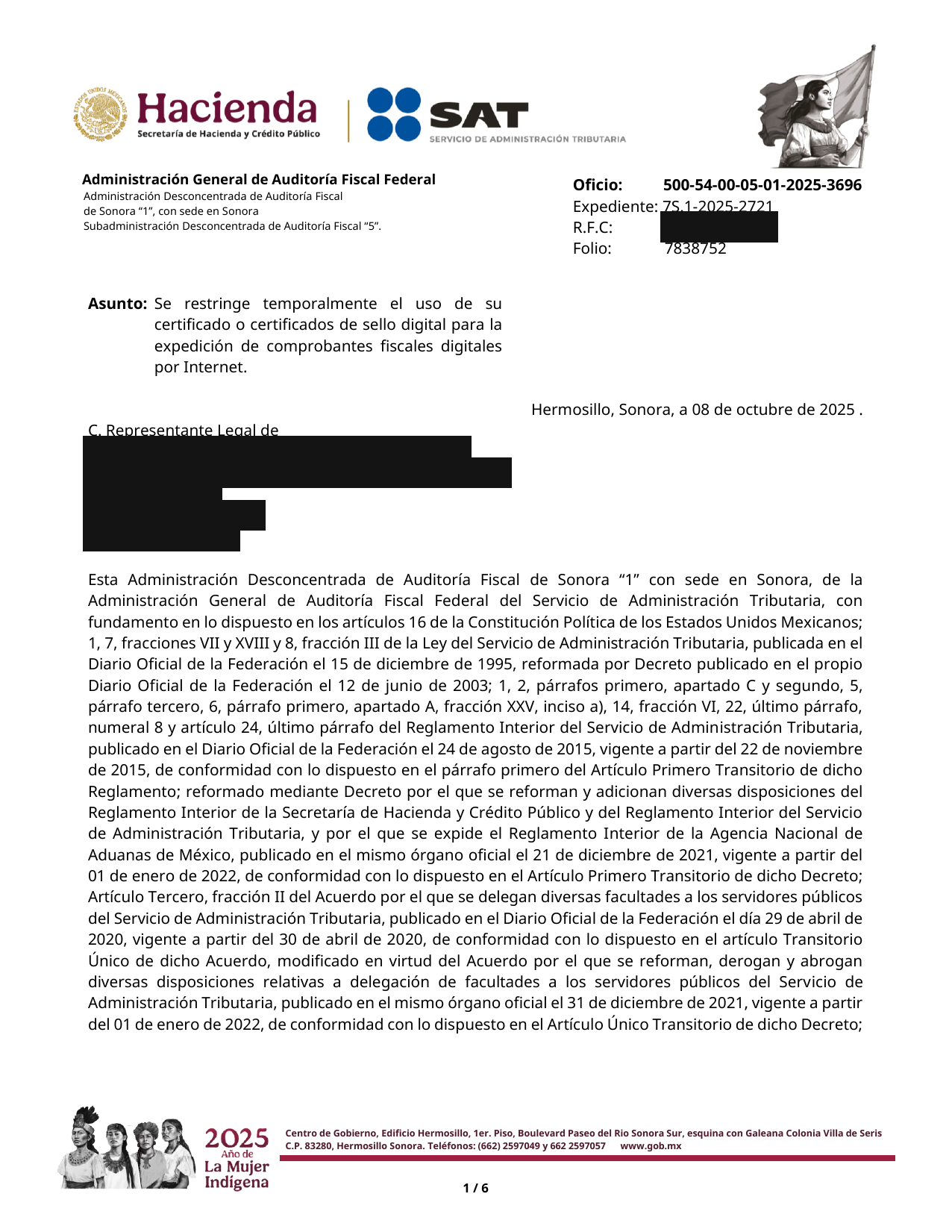 Oficio real de restricción de CSD por 17-H Bis, datos del contribuyente cubiertos por confidencialidad